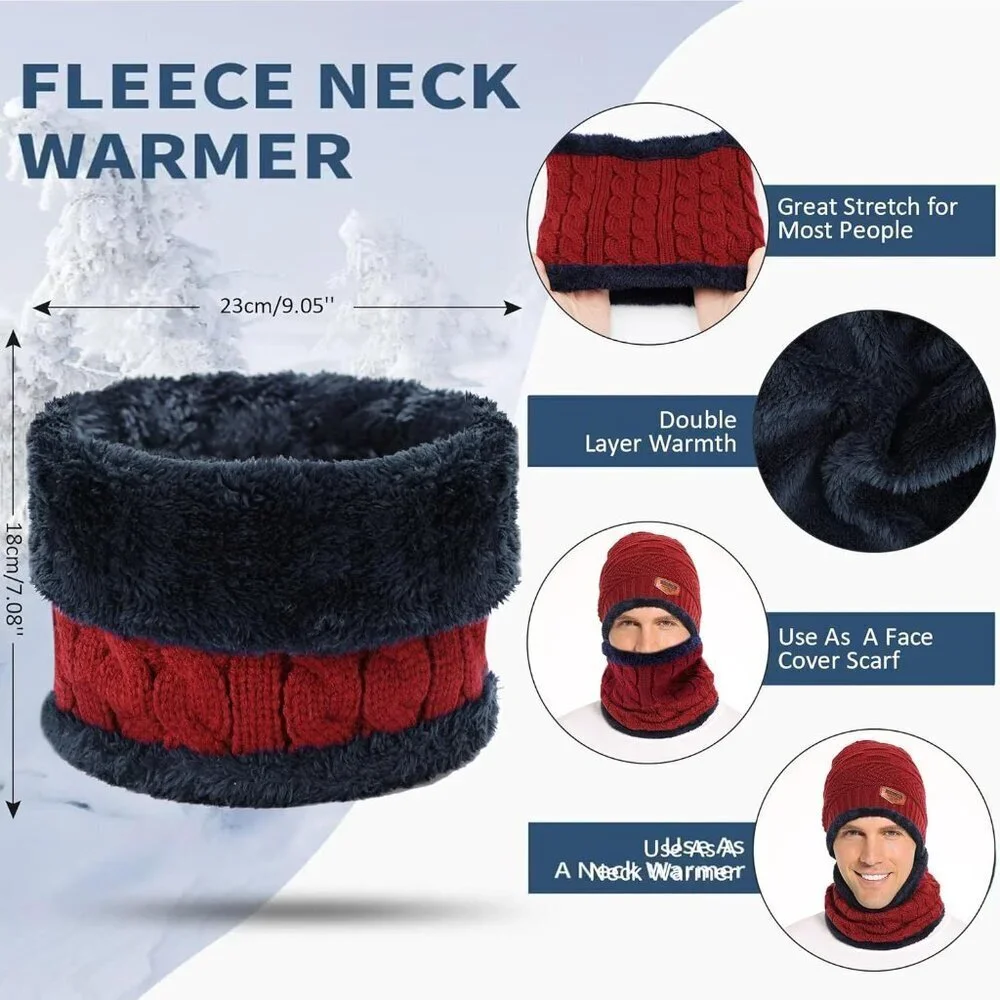 Men's Red Winter Warm Knit Thick Fleece Lined Skull Beanie Hat Scarf Set